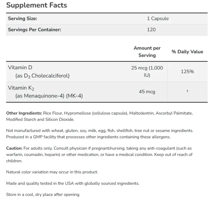 NOW Vitamin D3 K2 Capsules 1000 IU vitamin D3 and K2